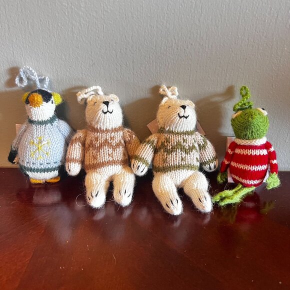 Handmade Melange Peru Knit crochet Animal Ornaments Set Of 4 bears frog penguin - Picture 1 of 9